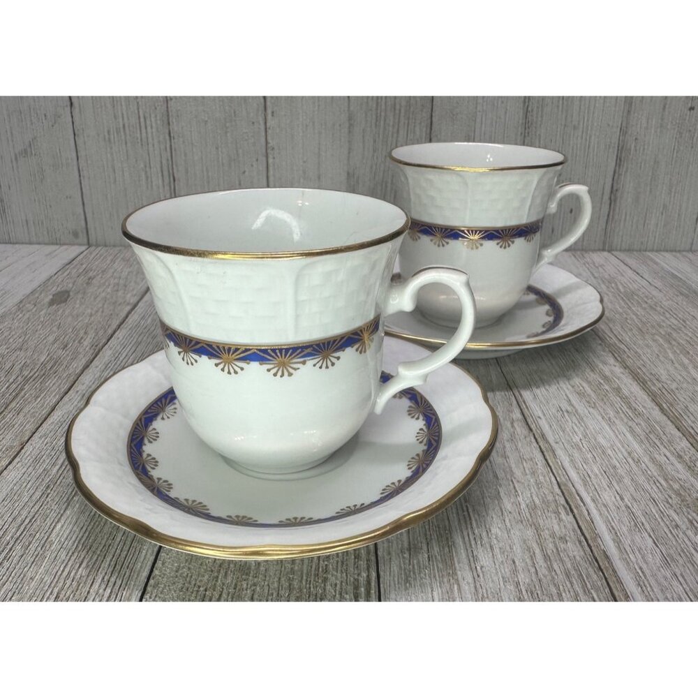 Vintage TK Thun Czechoslovakia Teacups & Saucers Blue & Gold Rim - Set of 2